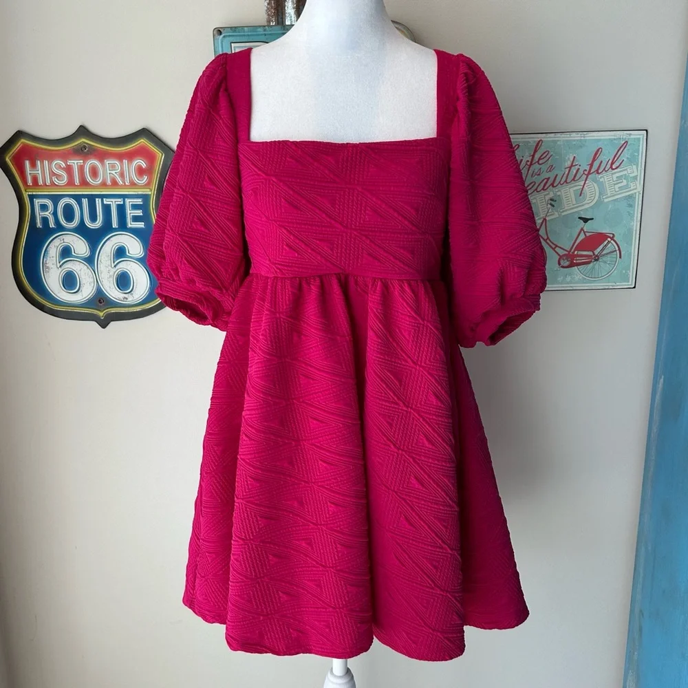 Free People Pink Violet Textured Puff Sleeve Square Neck Babydoll Mini Dress